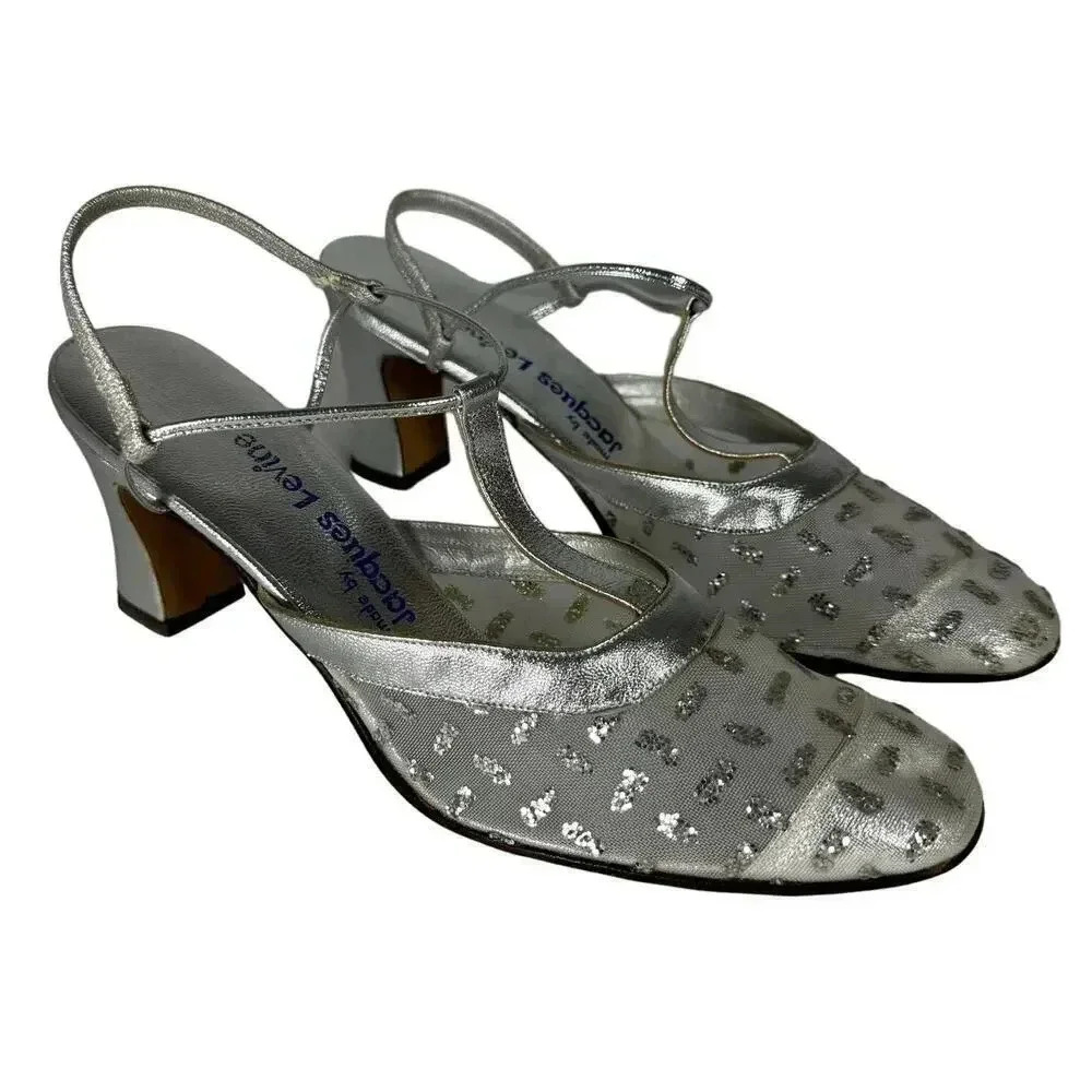 JACQUES LEVINE Vintage 80's Silver Lamé & Mesh Glitter Slingback Heels Size 7.5N